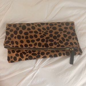 Clare V Leopard Calf hair fold over clutch